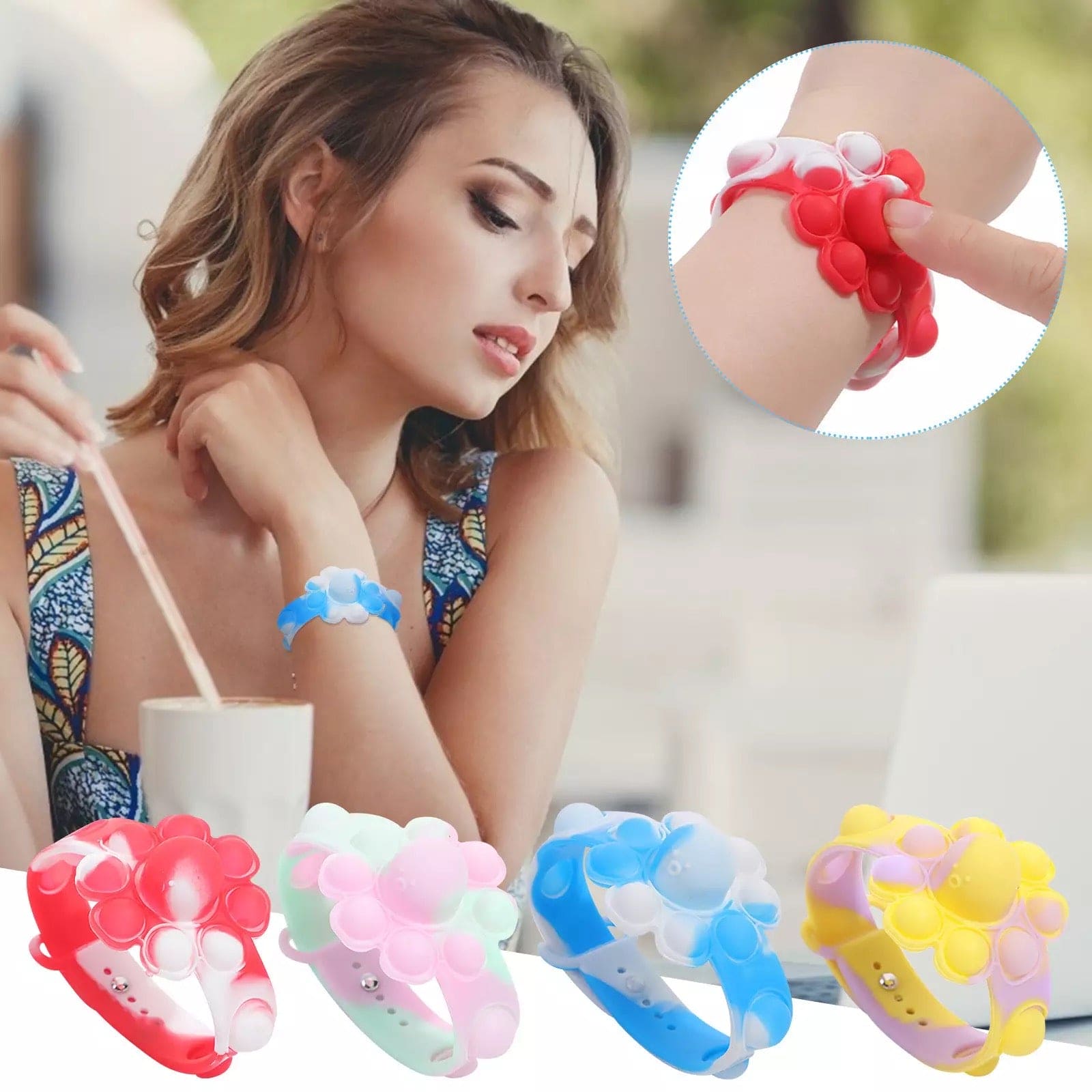Flower Shaped Bubble Bracelet, Sensory Simple Dimple Fidget Toys, Anti Stress Sensory Stress Relief Wristband, Filip Silicone Press Finger Game Bubble Bracelet Flower Shaped Bubble Bracelet, Sensory Simple Dimple Fidget Toys, Anti Stress Sensory Stress Relief Wristband, Filip Silicone Press Finger Game Bubble Bracelet